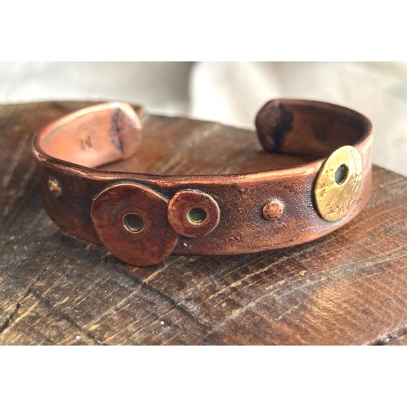 Handmade Jewelry - Artisan Recycled Copper & Brass Cuff Bracelet w/ Modernist Disk/Circle Design